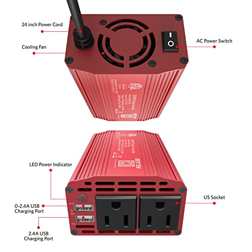 300W Power Inverter DC 12V to 110V AC Car Inverter with 4.2A Dual USB Car Adapter